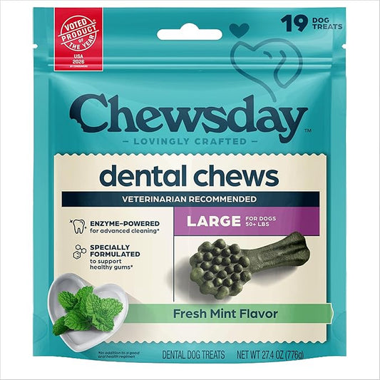 Chewsday Fresh Mint Flavor Dental Chews, Large Dog Treats, Healthier Teeth and Fresher Breath, Enzyme Powered for Advanced Cleaning, Made in the USA, 19 Count