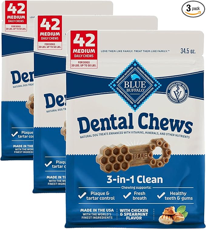 Blue Buffalo Dental Chews Medium Natural Dog Treats, Chicken & Spearmint 34.5-oz Bag 42 Count (Pack of 3)