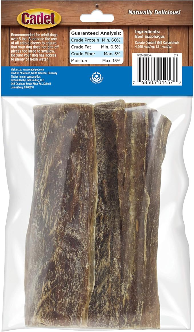 Cadet 100% Beef Strips Dog Treats, Single Ingredient Beef Esophagus Dog Jerky, Healthy High Protein Rawhide Alternative for Small & Large Dogs, 1.4 Ounce