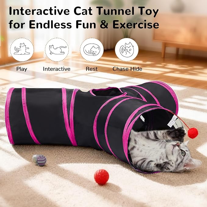 Tempcore Cat Tunnel for Indoor Cats, 3 Way Collapsible Pet Play Tunnel with Teaser Wand, Peek Holes & Hanging Ball, Interactive Tube for Kittens & Rabbits, Black & Rose Red