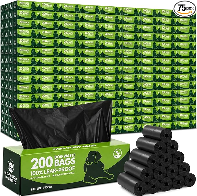 Sherr 75 Rolls 15000 Count Dog Waste Bags Dog Trash Bags Leak Proof Pet Doggie Poop Roll Waste Thick Plastic Bag for Home Park Outdoor Travel Pet Supplies (Black)