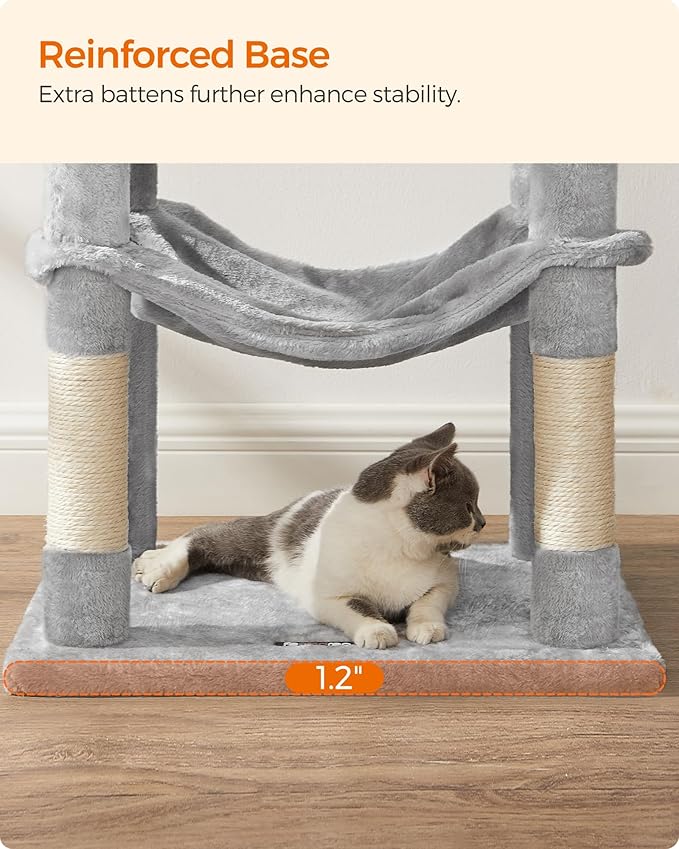 Feandrea Cat Tree, 54.2-Inch Cat Tower, Plush Multi-Level Condo with 4 Scratching Posts, 2 Perches, Hammock, Cave, Light Gray UPCT161W01