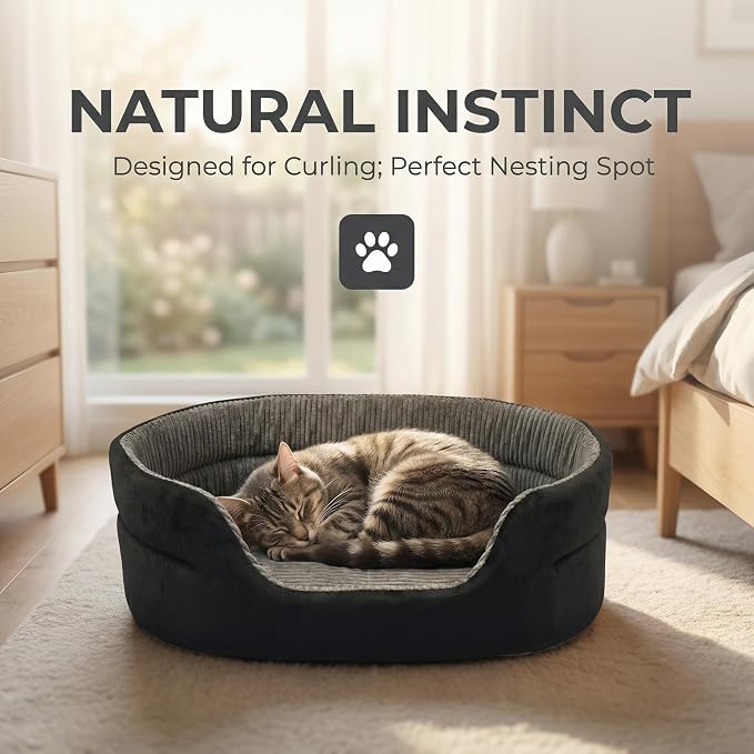 Small Dog Bed Cat Bed 16x20 Inch, Calming Pet Bed for Dogs & Cats, Machine Washable Dog Bed, Half-Enclosed Open-Top Velvet Anti-Anxiety Bed, Cozy Snuggle Bed (Black)