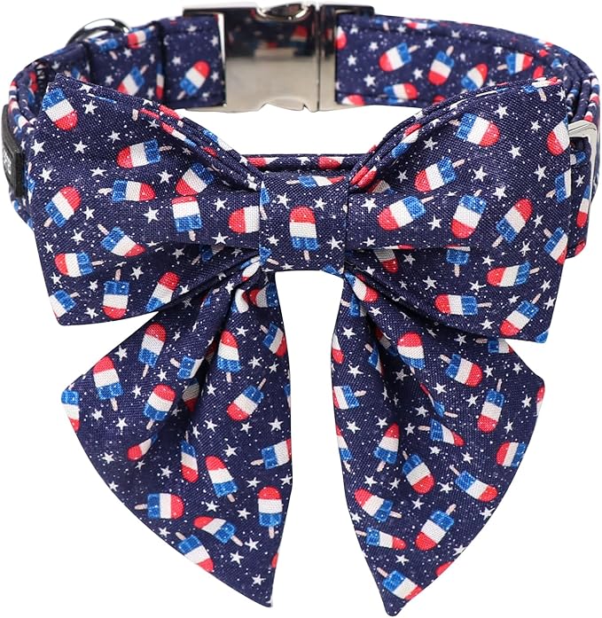Maca Bates American Flag 4th of July Dog Collar with Sailor Bow 4 of 7 for Dogs Adjustable Durable Icecream Patriotic USA Collars Summer Independence Day for Small Medium Large XL Boy Girl Puppy