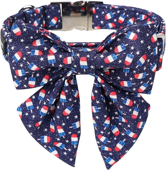 Maca Bates American Flag 4th of July Dog Collar with Sailor Bow 4 of 7 for Dogs Adjustable Durable Icecream Patriotic USA Collars Summer Independence Day for Small Medium Large XL Boy Girl Puppy