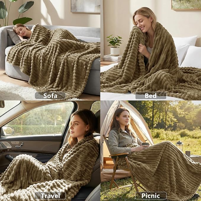 HIMEET Fleece Camel King Size Blanket for Bed - 300GSM Ribbed Soft Cozy Bedding Blanket, House Warming Gifts New Home, Luxury Aesthetic Bedroom Decor Throws, 108x90 Inches