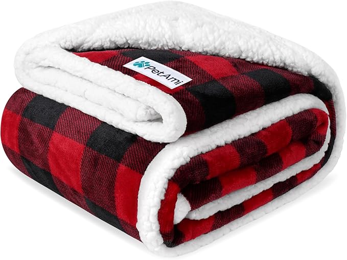 PetAmi Waterproof Dog Blanket for Couch, Large 60x40, Pee Proof Sherpa Fleece Reversible Pet Throw, Furniture Protector for Bed Sofa Kennel, Soft Washable Cover for Medium Dogs Cats, Plaid Red