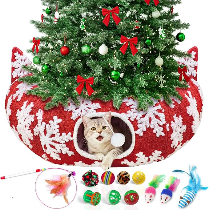 OurWarm Large Cat Tunnel Bed for Indoor Cats with 11 Toys, Round Donut Cat Cave Under Christmas Tree Skirt, Red Snowflake Christmas Cats Tunnel with Soft Mat Xmas Decor for Kitten, Rabbit, Puppy Play