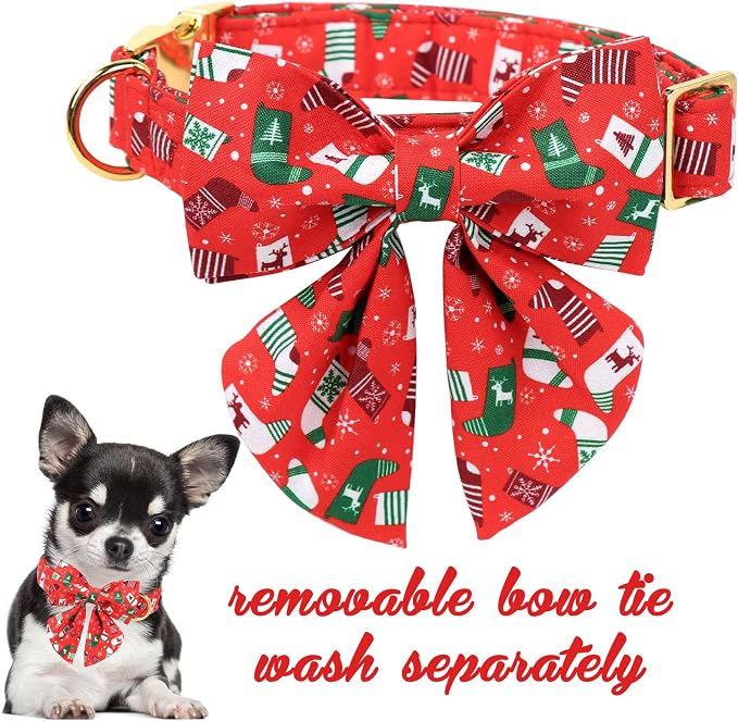 Unique Style Paws Christmas Day Dog Collar with Bowtie Christmas Socks Cotton Puppy Collars for Small Medium Large Dogs