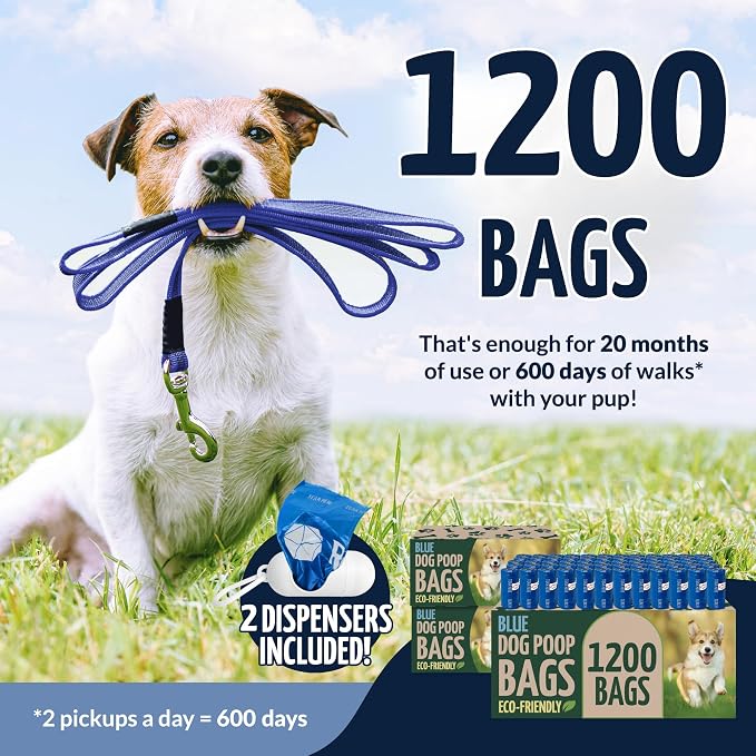 Reli. Biodegradable Dog Poop Bags Rolls (1200 Pack, 80 Rolls) | 9"x13" Poop Bags | Unscented, Leak Proof Oxobiodegradable Pet Waste Clean Up | Blue Eco-Friendly | 2 Leash Clip Holders Included