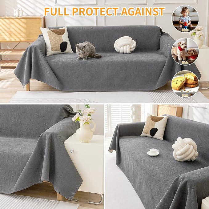 Deep Dream Cat-Scratch Resistant Couch Cover, Waterproof Sofa Cover for 3 Cushion Couch Washable, Pet Friendly Couch Protectors Anti Slip Thickened Sofa Slipcovers for Dogs Pets, 71" x 134",Dark Grey
