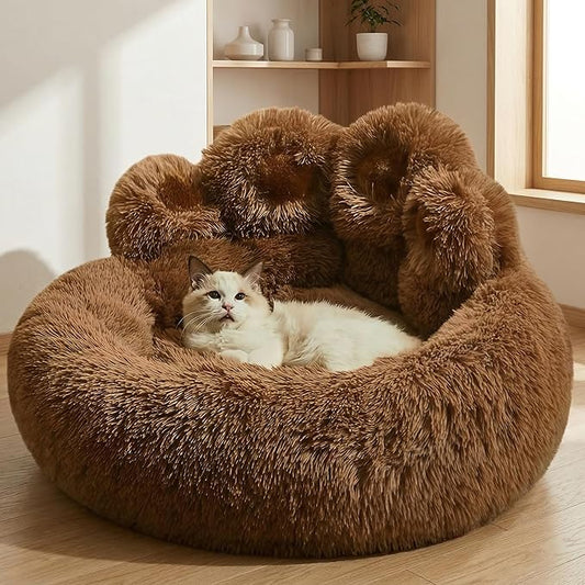 Cat Paw Shaped Cat Bed, Long Plush Calming Cat Bed for Indoor Cats, Washable Pet Bed with Anti-Slip Bottom, Soft Cozy Bed for Small Medium Large Cats & Dogs (Brown, Medium)