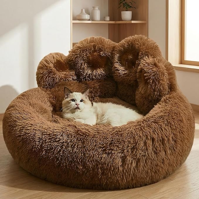 Cat Paw Shaped Cat Bed, Long Plush Calming Cat Bed for Indoor Cats, Washable Pet Bed with Anti-Slip Bottom, Soft Cozy Bed for Small Medium Large Cats & Dogs (Brown, Small)