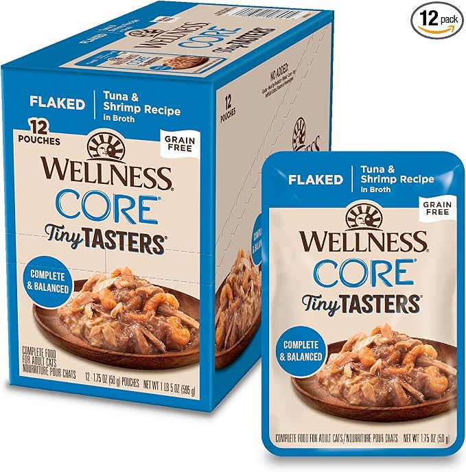 Wellness CORE Tiny Tasters Flaked Adult Wet Cat Food, Natural, Protein Rich, Grain Free, Tuna and Shrimp Recipe, 1.75 oz, Pack of 12 Pouches