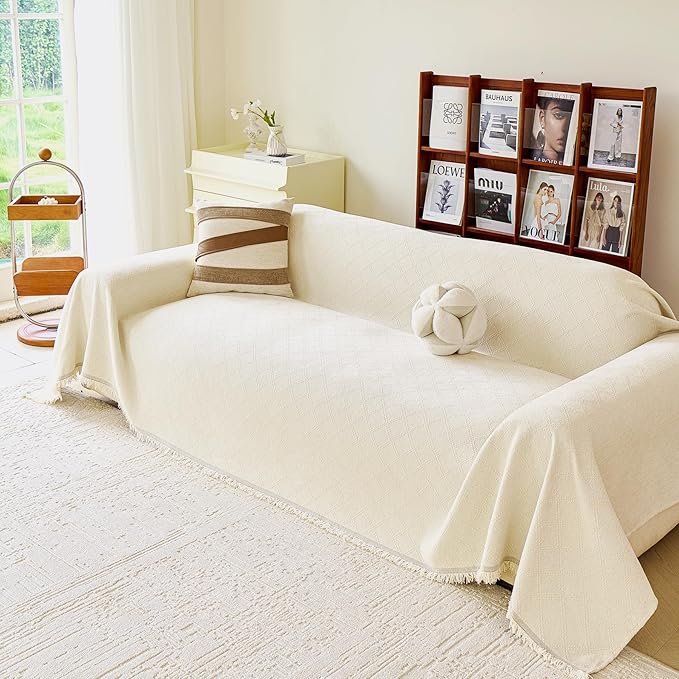 VANJOROY Couch Cover for 2 3 Cushion,Sofa Slipcovers Sectional Sofa L-Shape -Washable 100% Chenille Beige Couch Cover for Dogs Pets Soft Sofa Cover Protector with Tassel,71"x 118"