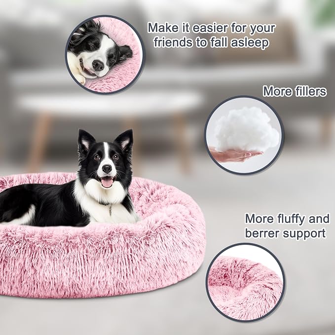 ELSKER&HOME Calming Dog Bed,Donut Washable Warming Soft Round 39 inches Dog Beds for Large Dogs,Anti-Anxiety Fluffy Plush Cushion Bed Fits up to 120 lbs Pets,Pink