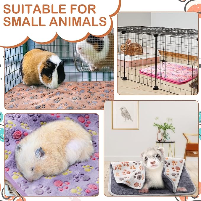 Reginary 4 Pcs Waterproof Guinea Pig Blankets Washable Small Animal Fleece Bedding Absorbent Guinea Pig Cage Liners Reusable Training Pee Pad Pet Sleep Mat for Hamster(Paw Print,28 x 14 Inch)