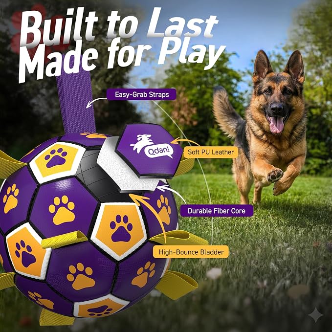 QDAN Extra Large Dog Toys Soccer Ball - Durable Dog Balls for Extra Large Dogs with Straps, Interactive Dog Tug Toy with Strap for Tug of War (9 Inch)