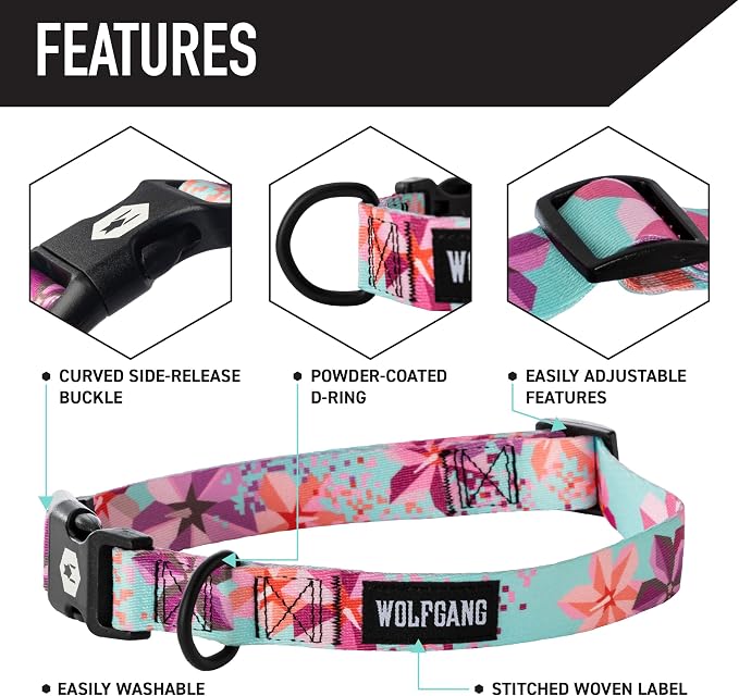 Wolfgang Heavy Duty, Adjustable Dog Collar with Quick Release Nylon Buckle for Walking & Training, DigiFloral Print, Small