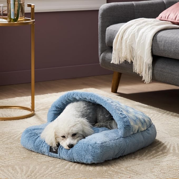 Nicole Miller New York PET Kendall Fluted Geo Cozy Slipper Cave Pet Bed, Cozy & Calming, Non-Slip Bottom, Machine Washable, Blue, Small 22"x17"x11"