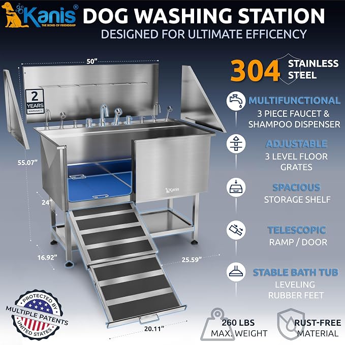 KANIS Professional Dog Washing Station 304 Stainless Steel Pet Wash Sink & Grooming Bathtub w/Shower, Floor Grates and Storage for Large, Medium & Small Pets (Silver, 50 Inches, Left Ramp, Shelf)