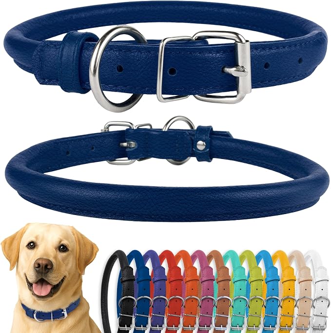 CollarDirect Rolled Leather Dog Collar, Soft Padded Round Puppy Collar, Handmade Genuine Leather Collar Dog Small Large Cat Collars 13 Colors (15-19 Inch, Deep Blue Textured)