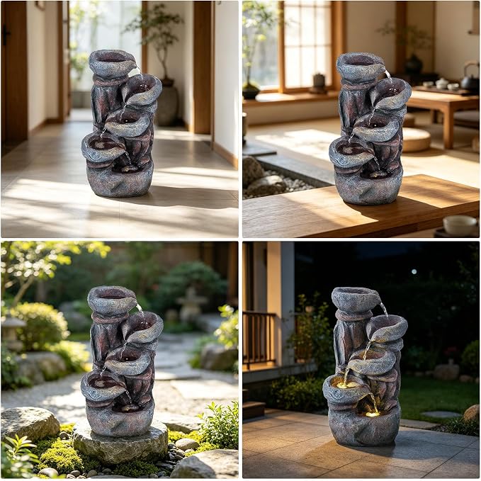 Solarbloom 19.9" H Water Fountain Outdoor/Indoor, Garden Fountain, 5-Tiers Cascading Stacked Stone Bowl Waterfall Fountain with LED Lights for Patio Yard Deck Decor