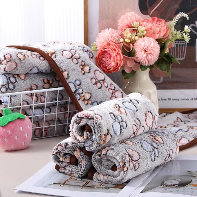 Chumia 40 Pcs Dog Blankets Soft Fluffy Fleece Washable Puppy Sleep Blankets Small Mat for Pets Throw Warm Bed Mat for Dog Puppy Cat (Black,Paw)