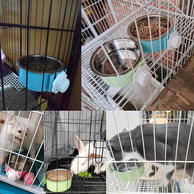 kathson Crate Dog Bowl, Removable Stainless Steel Hanging Pet Cage Bowl Food & Water Feeder Coop Cup for Cat, Puppy, Birds, Rats, Guinea Pigs (3 PCS, Size: L, Blue, Green, Pink)