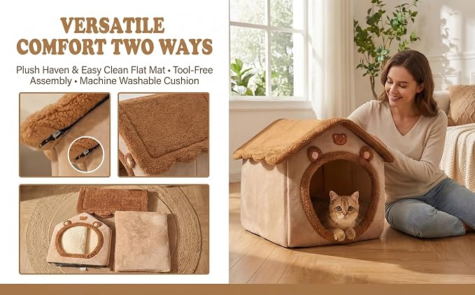 AED Cave-Style Dog Bed with Non-Slip Bottom, Enclosed Pet Bed for Small Dogs & Cats, M Size Cozy Tent House for 6-11 Lb Puppies and 9-17 Lb Kittens, Brown