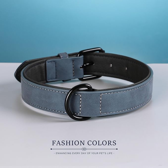Didog Soft Padded PU Leather Dog Collar, Breathable and Adjustable Dog Collars for Medium Dogs, Comfortable for Daily Walk, Blue, L Fit Neck 14-18"(22-44 lbs)