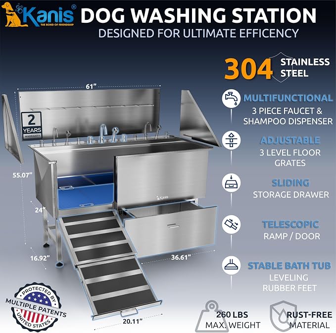 KANIS Professional Dog Washing Station 304 Stainless Steel Pet Wash Sink & Grooming Bathtub w/Shower, Floor Grates and Storage for Large, Medium & Small Pets (Silver, 61 Inches, Left Ramp, 1 Drawer)