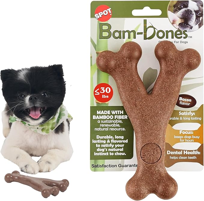 SPOT Bam-Bones Wishbone Dog Chew Toy, Bamboo Fiber Blend, Non-Splintering Durable Chew for Light to Moderate Chewers, Adult Dogs & Teething Puppies 10–30 lbs, Bacon Flavor, 5.25 in