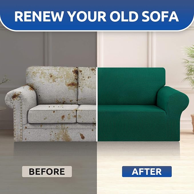 KEKUOU Stretch Oversized Sofa Slipcover 1 Piece Couch Sofa Cover (94"-110") Furniture Protector 4 Seater Sofa with Elastic Bottom for Kids,Pet.Jacquard Checked Pattern Fabric(X Large,Hunter)