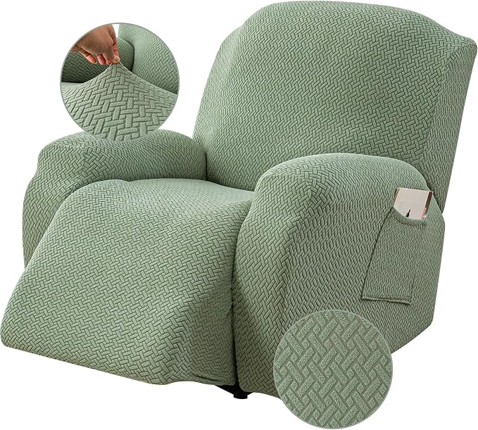 Genina Recliner Chair Cover, Stretch Reclining Chair Covers, Recliner Sofa Slipcovers Stripe Jacquard Lazy Couch Covers Furniture Protector Covers for Pet Kid (Matcha Green, 1 Seat)