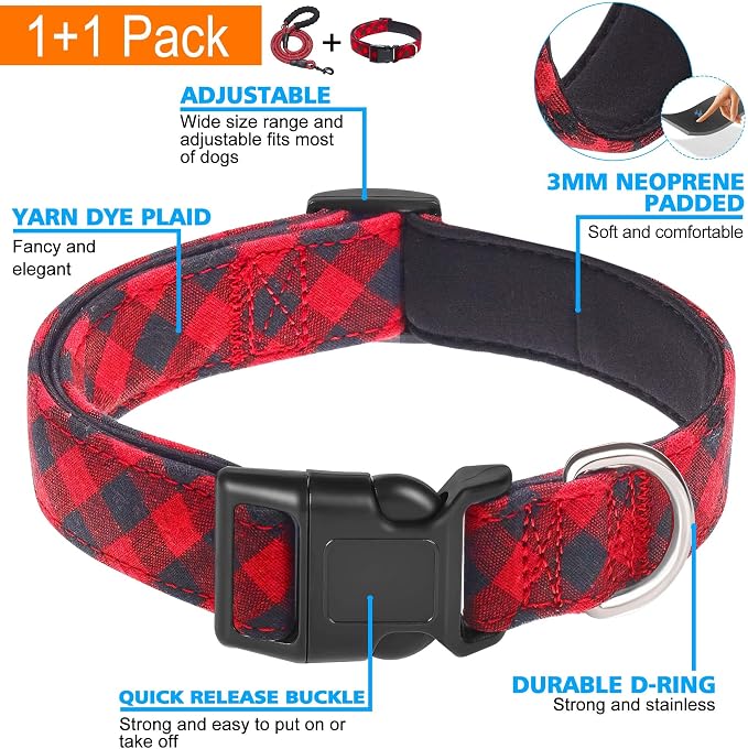Ladoogo Reflective Dog Collar Padded with Soft Neoprene Breathable Adjustable Nylon Dog Collars for Small Medium Large Dogs (Large (Pack of 1), Red Plaid Collar+Leash)