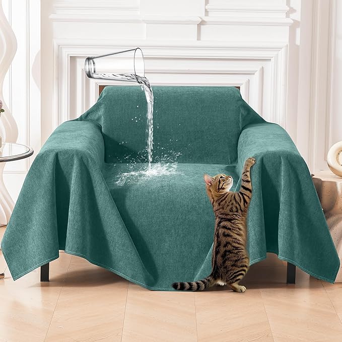 Deep Dream Cat-Scratch Resistant Couch Cover, Waterproof Sofa Cover for 2 Cushion Couch Washable, Pet Friendly Couch Protectors Anti Slip Thickened Slipcovers for Dogs Pets, 71" x 102", Green