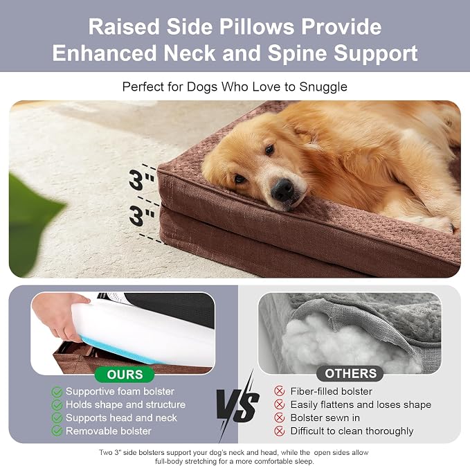 Rainmr Orthopedic Dog Beds for Large Dogs, Memory Foam Dog Beds Large Sized Dogs, Washable Removable Cover, Nonskid Bottom, Waterproof, for Indoor, Outdoor, Crate ＆ Car Use, 41x27x6 Inches, Brown Grey