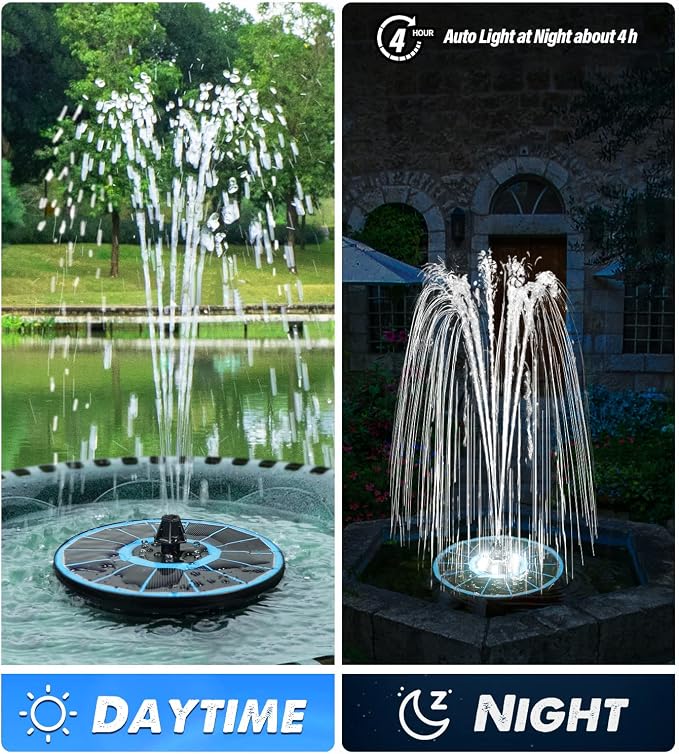 Yzert Solar Fountain Glass Panel with 2200 mah Battery, 3.5W Floating Solar Water Fountain with 4 Fixed Rods, Solar Pump for Bird Bath, Garden, Pond, Pool, Outdoor (Blue Panel White Lights)