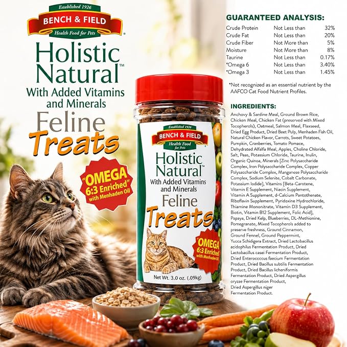 Bench & Field Holistic Natural Healthy Kitty Cat Treats | Crunchy Fish-Shaped Bites | Delicious Seafood Flavored Snack, 3-Ounce (Pack of 3 Bottles)