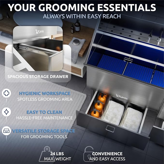KANIS Professional Dog Washing Station 304 Stainless Steel Pet Wash Sink & Grooming Bathtub w/Shower, Floor Grates and Storage for Large, Medium & Small Pets (Silver, 61 Inches, Right Ramp, 1 Drawer)