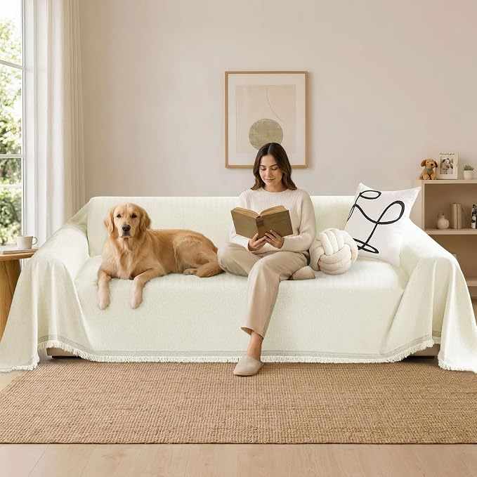 hyha Couch Cover for Dogs, Boho Sofa Covers for 3 Cushion Couch Washable, Chenille Sofa Slipcover for Pets, Soft Loveseat Sectional Couch Throw Blankets with Tassels (Beige, 71x91 Inch)