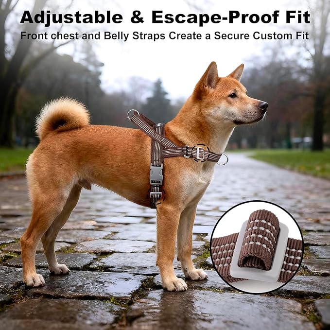 No Pull Dog Harness with Handle, Adjustable Mesh Padded Reflective Walking Harness with Front Clip for Small Medium Large Dogs – Quick Fit No Escape for Training and Hiking (Chocolate, L)