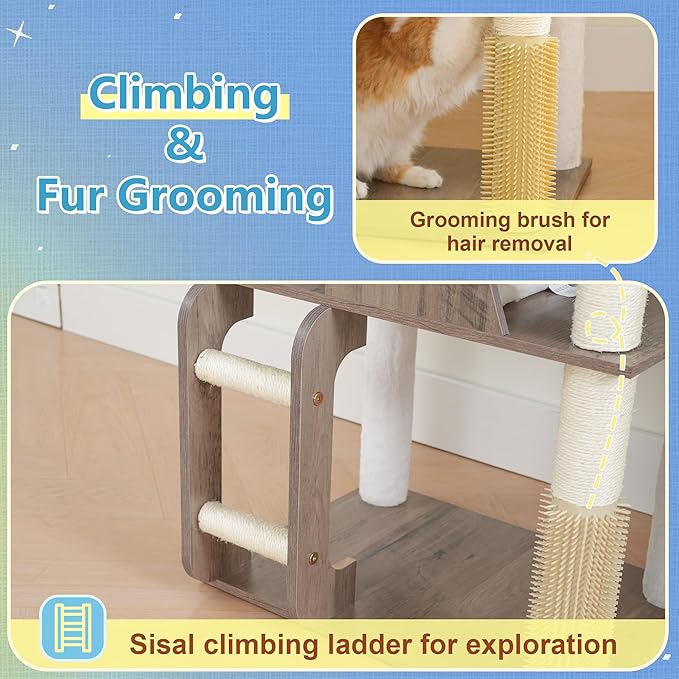 Hey-brother Wooden Cat Tree, 69.7 inch Cats Furniture Tower with Large Platforms, Hammocks, Spacious Condo, Full Sisal Scratching Posts, Ladder, Brush, Water Proof Surface, Rustic Gray MPJ121SG