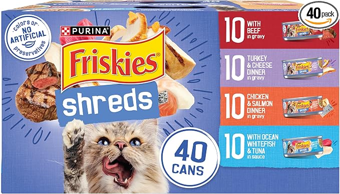 Purina Friskies Wet Cat Food Variety Pack, Shreds With Beef, Turkey and Cheese Dinner, Chicken and Salmon Dinner, and With Ocean Whitefish and Tuna - (Pack of 40) 5.5 oz. Cans