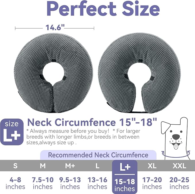 Loflaze Soft Inflatable Dog Cone Collar Alternative After Surgery - Dog Neck Donut E Collar for Large Medium Small Dogs Cats Post Surgery - Recovery Collar to Stop Licking - Grey, L+