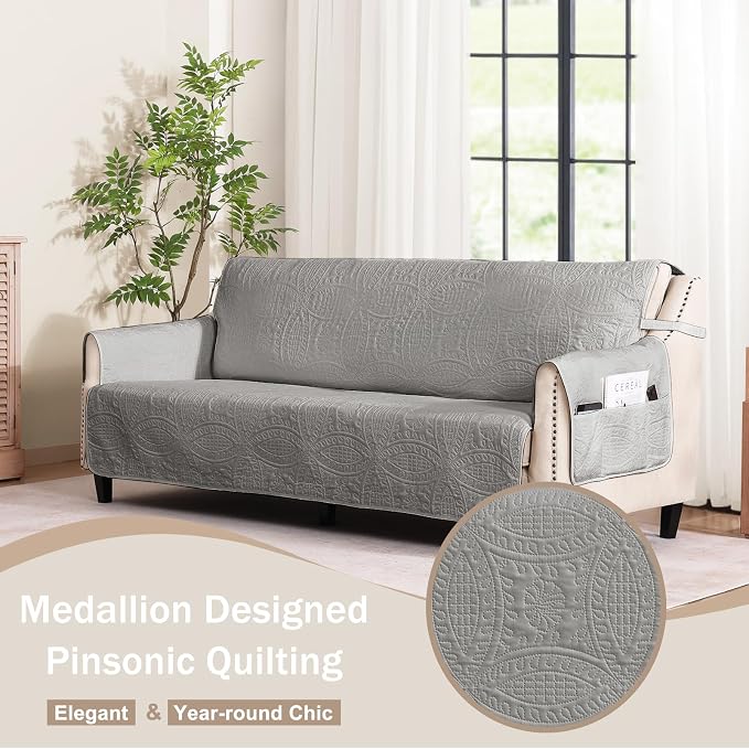 Quilted Cool Gray Sofa Slipcovers with Pockets, Anti-Slip Medallion Couch Covers for 3 Cushion Sofa, Couch Cover for Dogs Cats Water-Repellent Machine Washable (Large Sofa 68", Cool Gray)