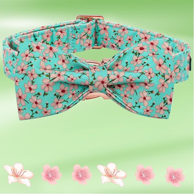 Elegant little tail Dog Collar, Spring Pet Collar with Bow Dog Durable Pink Flower Print Dog Collars Girl Pet Gift Adjustable Dog Collar for Large Dogs