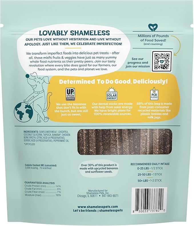 Shameless Pets Bone Broth, Banana, & Mint Dental Chews for Dogs, 32 Chews - Natural Dog Teeth Cleaning Treats with Fresh Breath Benefits | Grain-Free Dental Sticks for Small, Medium & Large Dogs