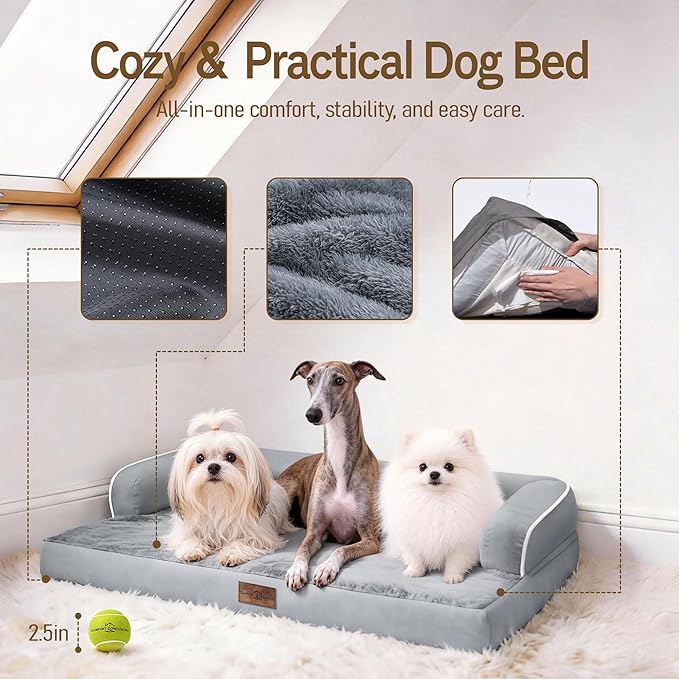 Comfort Expression Washable Orthopedic Large Dog Bed - Jumbo Large Dog Bed with Removable & Waterproof Cover Soft Pet Couch with Foam Support for Big Size Dogs with Bolster, 45x35